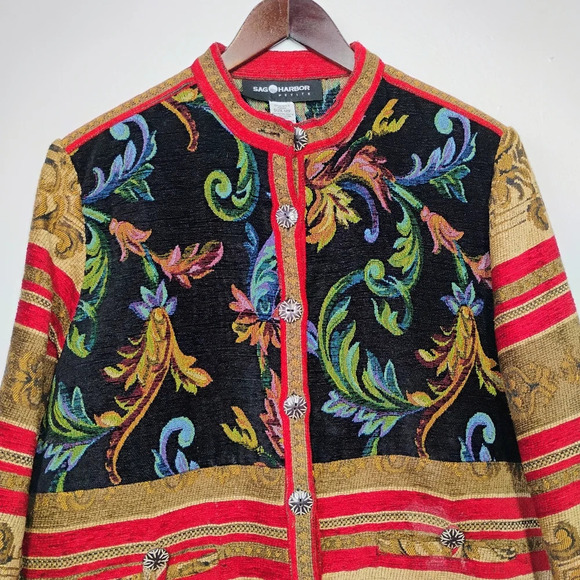 Vintage Sag Harbor Gold Red Tapestry Artsy Boho Button Up Jacket Size 12 Petite - Picture 3 of 12